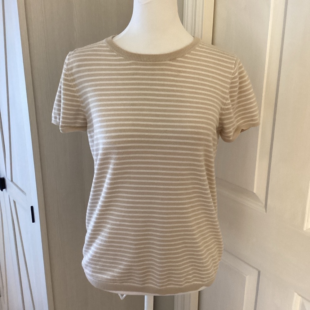 Philosophy Tan and Cream Striped Short Sleeve Sweater with Zipper in back Sz M